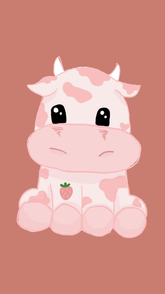 Cute pink and light pink baby cow with strawberry and pink background kawaii strawberry cow wallpaper