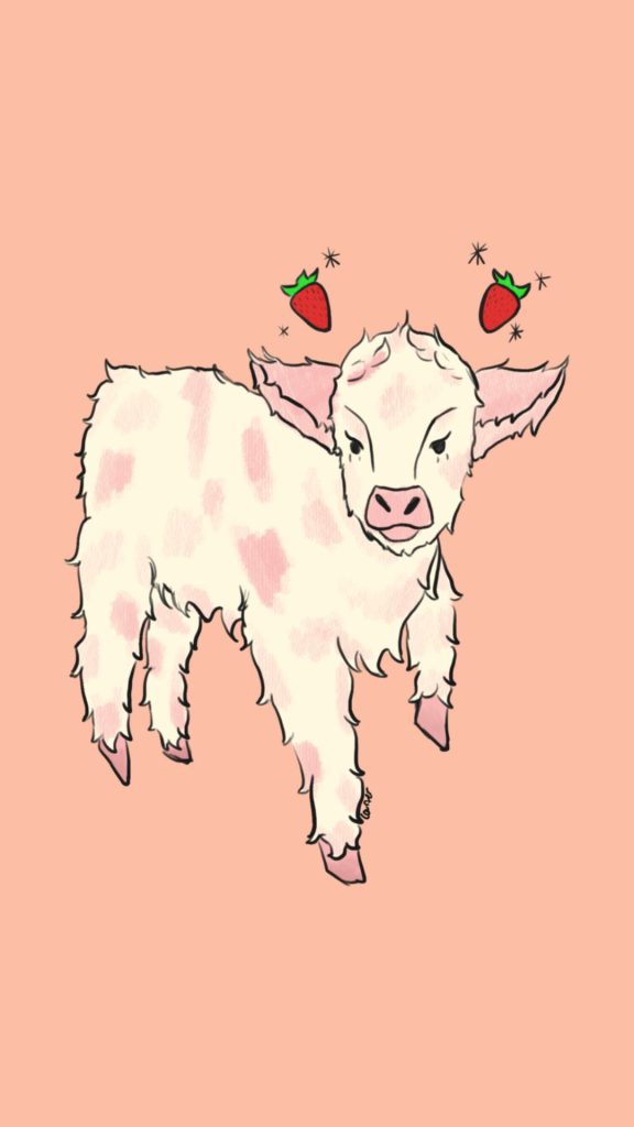 Cute pink and white baby cow with strawberries and sparkles on baby pink background kawaii strawberry cow wallpaper