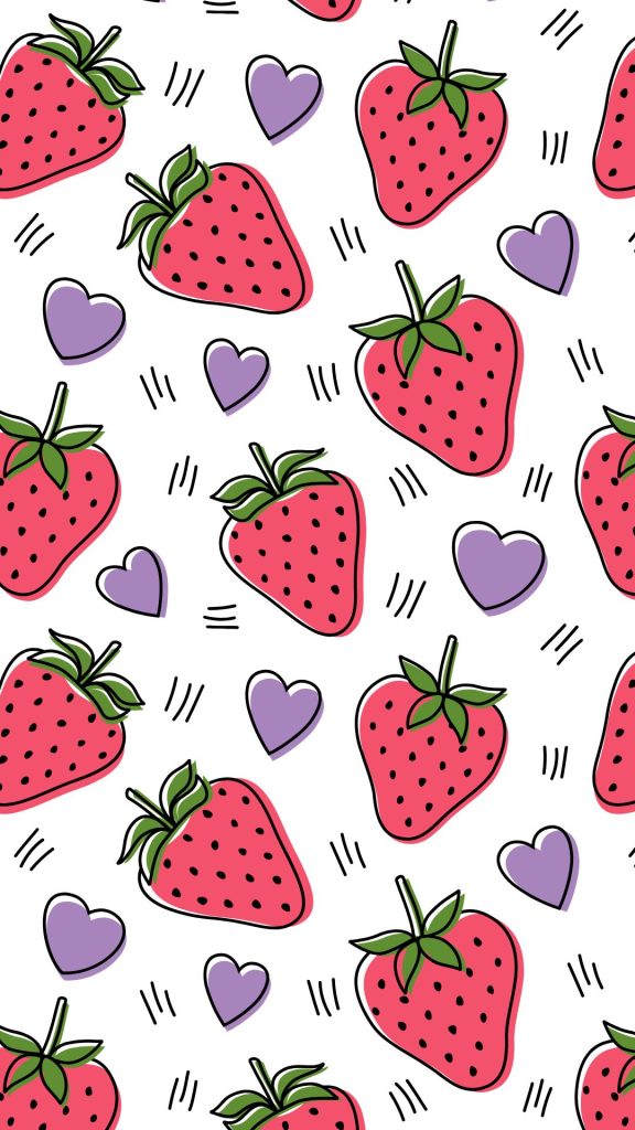 Cute pink strawberries with tiny hearts and white background vintage strawberry wallpaper