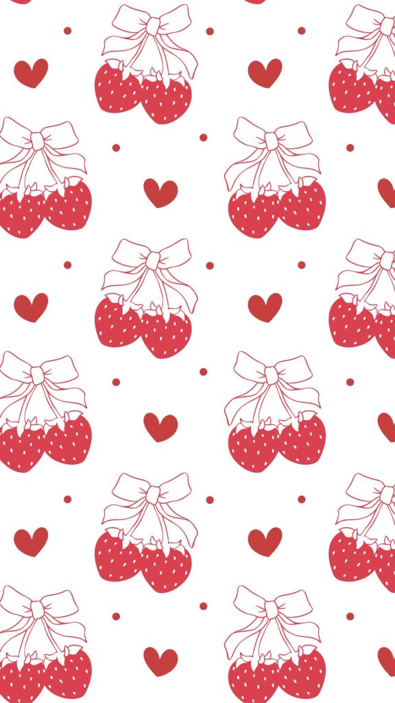 Cute red cherries with bows and little red hearts with white background aesthetic cherry wallpapers