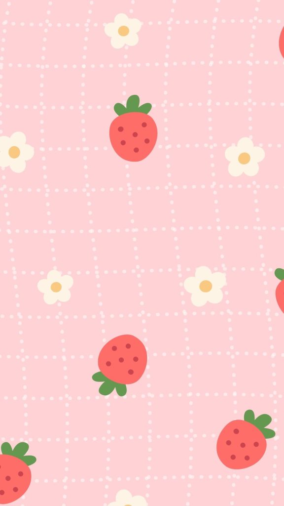Cute red strawberries with flowers and pink dotted background strawberry wallpaper for I phone