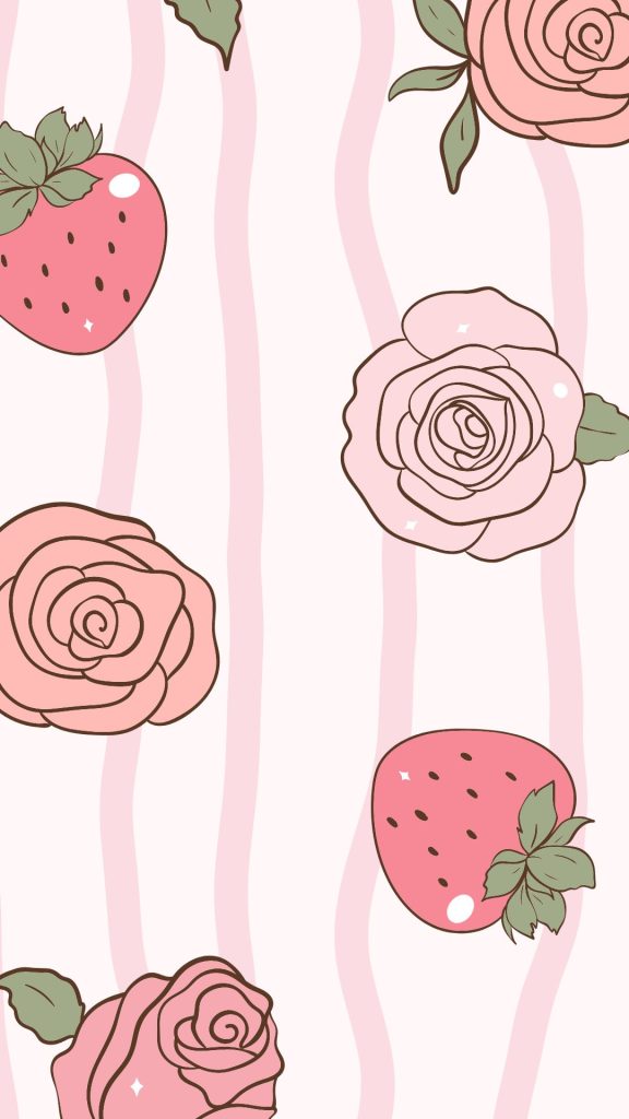 Cute strawberries with roses on pink & white lines background vintage strawberry wallpaper