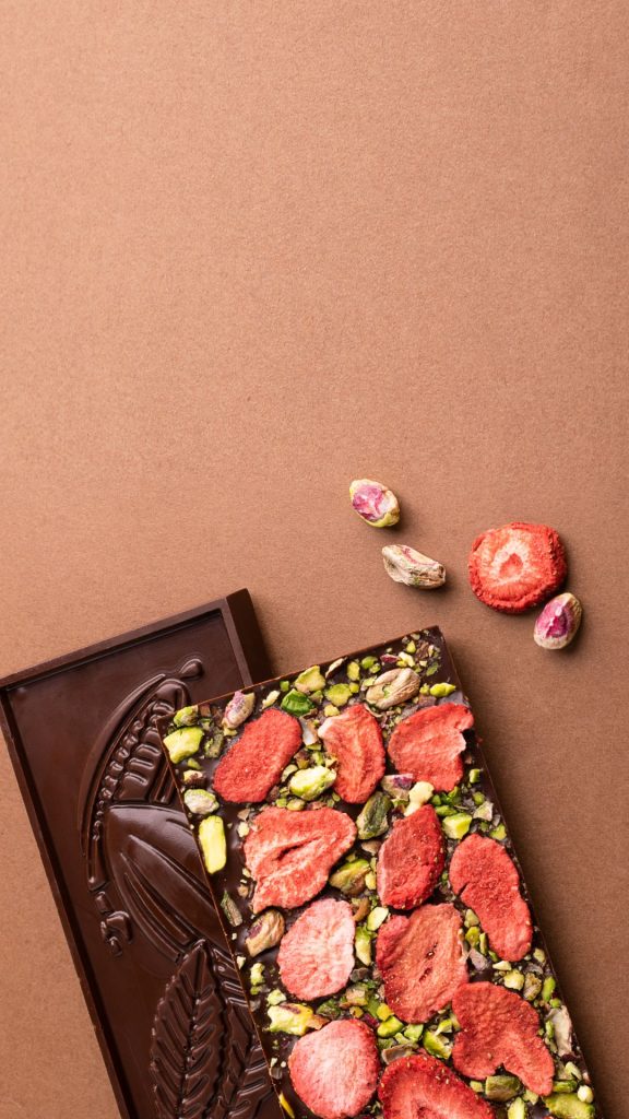Dark chocolate bar with strawberries and nuts strawberry wallpaper for I phone