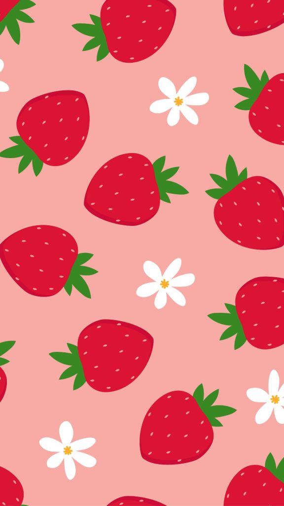Dark pink strawberries with white mini flowers on pink background vintage strawberry wallpaper