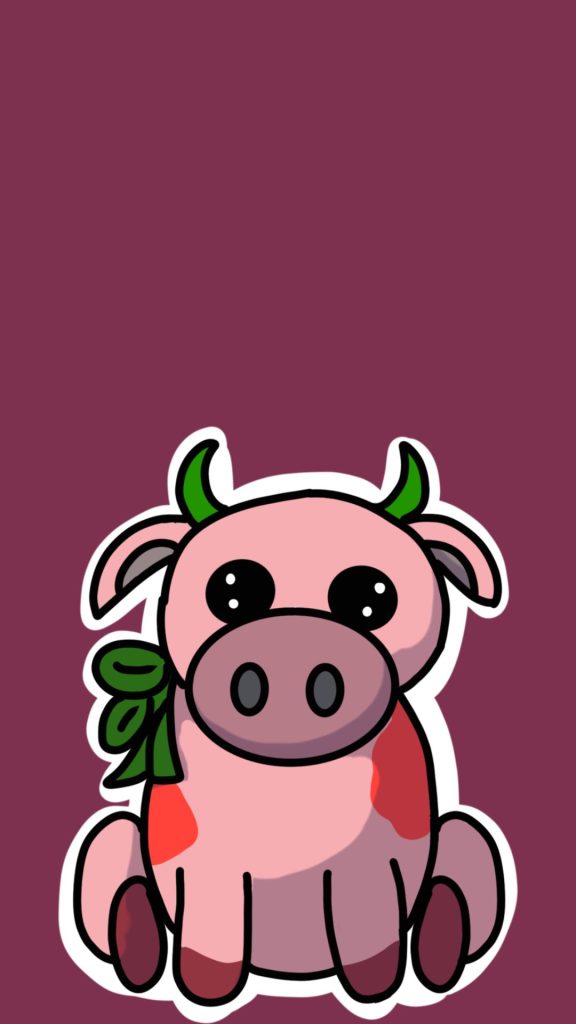 Demure and cute baby cow on purple background with cute eyes kawaii strawberry cow wallpaper