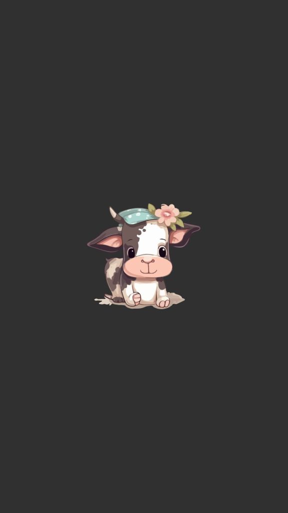 Demure and pretty baby cow with flower and grey background kawaii strawberry cow wallpaper