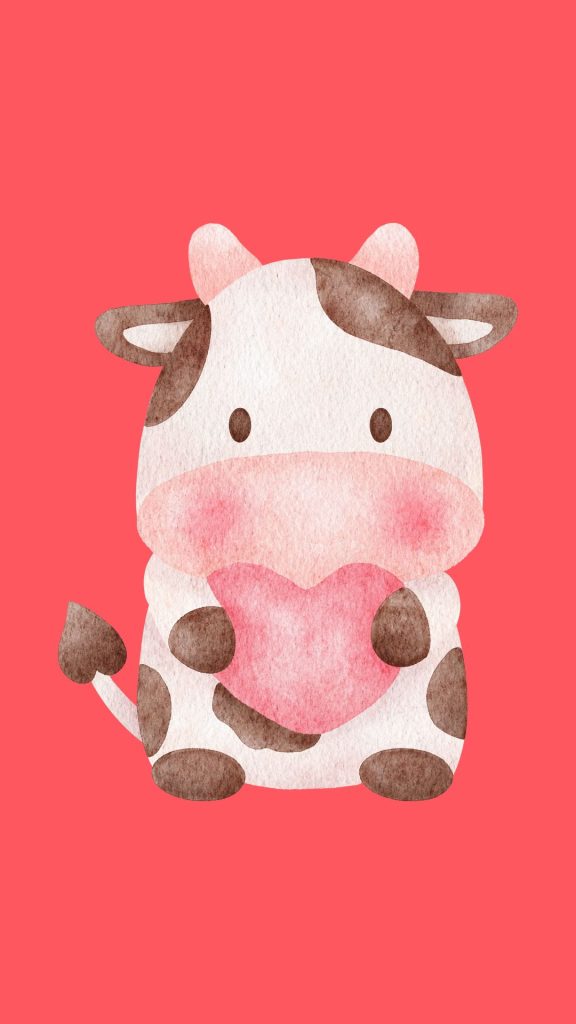 Demure baby cow holding heart with dark pink background kawaii strawberry cow wallpaper