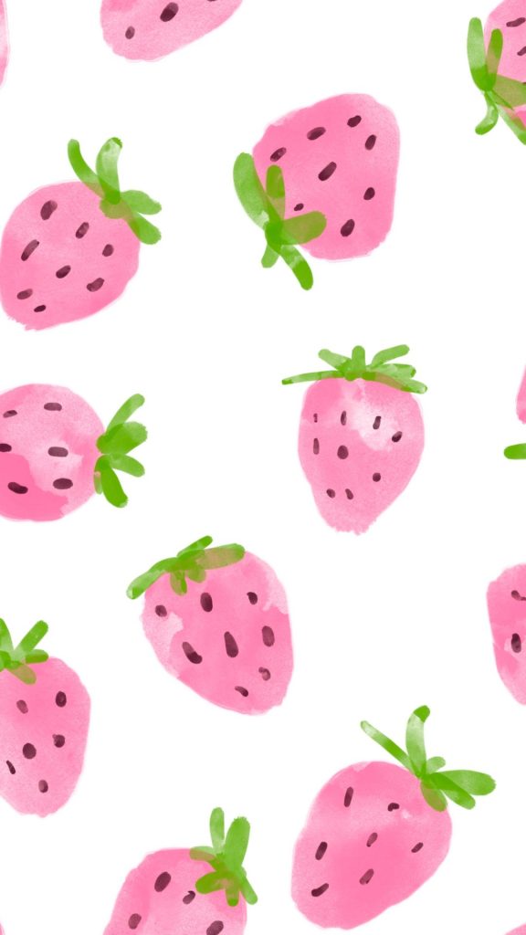 Demure pink water painted strawberries on white background vintage strawberry wallpaper