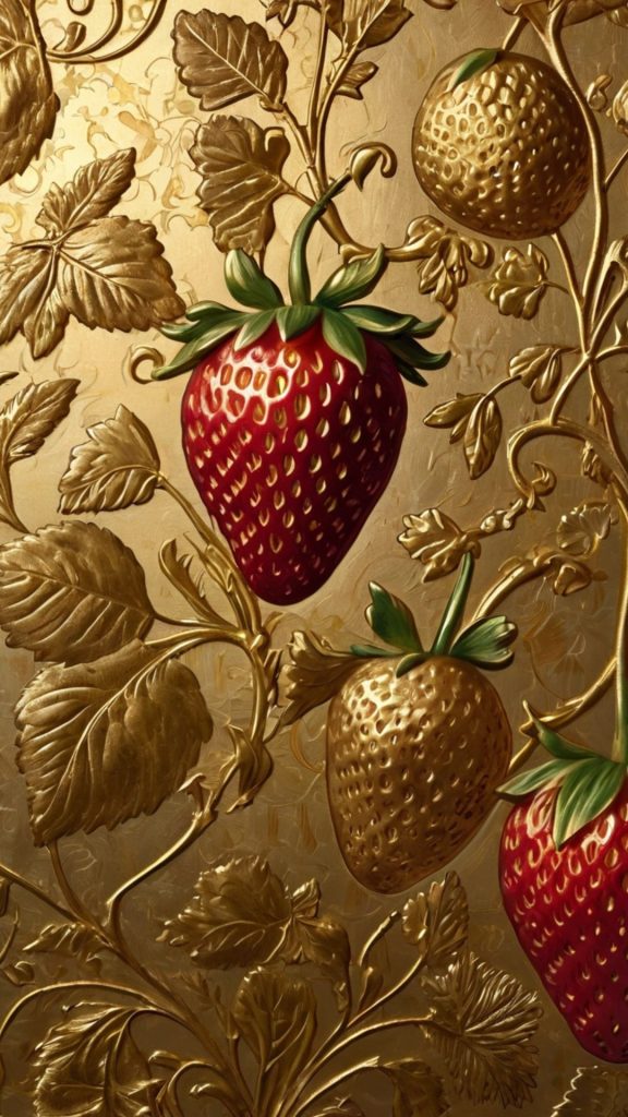 Demure red strawberries on golden strawberries background vintage strawberry wallpaper