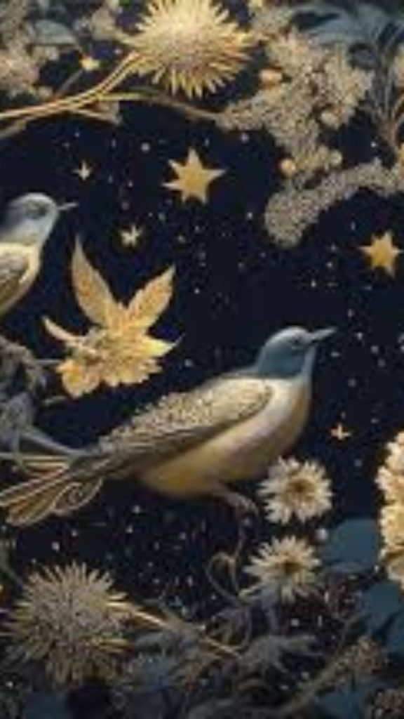Doves with sparkling stars in night black background William Morris Strawberry Thief Wallpapers