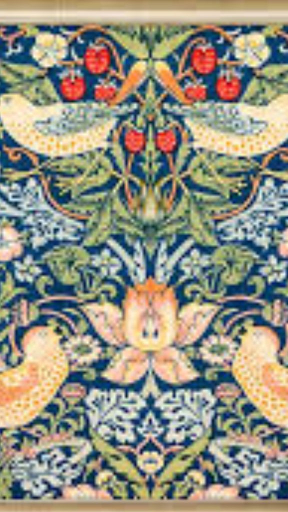 Doves with strawberries and flowers textured background William Morris Strawberry Thief Wallpapers