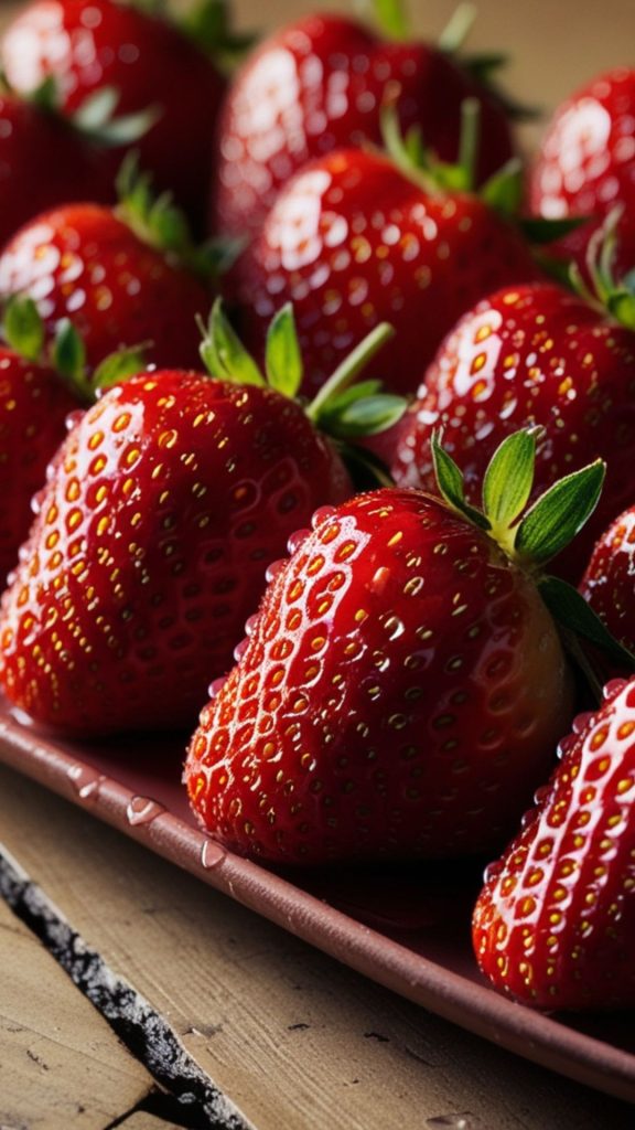 Farm fresh red strawberries in wooden aesthetic plate strawberry wallpaper for I phone