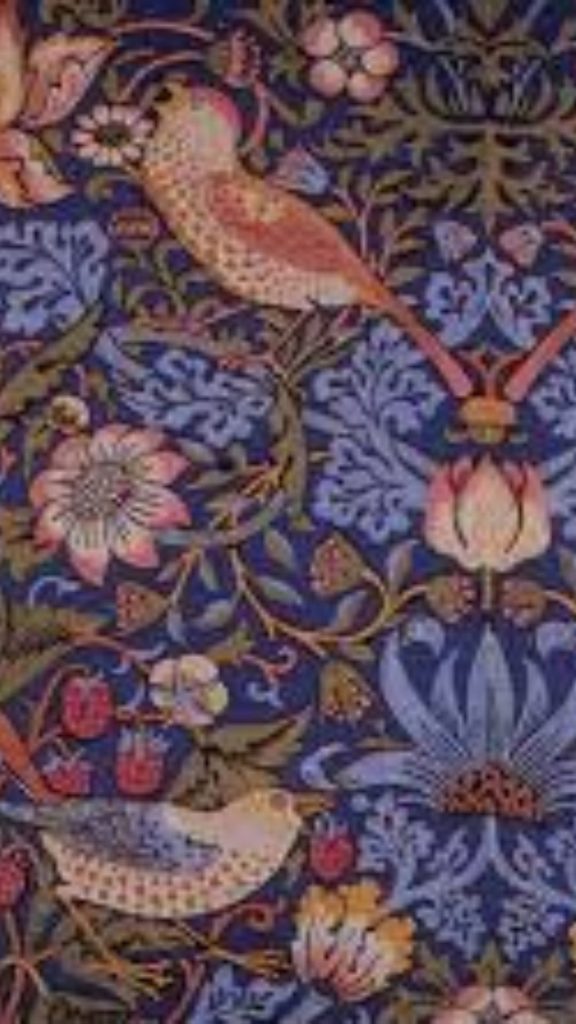 Floral blue themed background with strawberries and sparrows William Morris Strawberry Thief Wallpapers