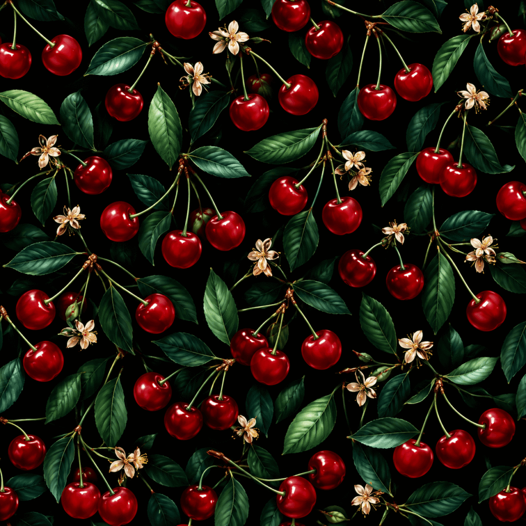 Glossy cherries and blossoms on black