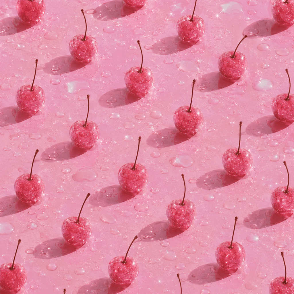 Glossy cherries on pink sparkle backdrop