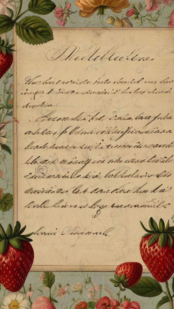 Hand written aesthetic card with strawberries and vintage background vintage strawberry wallpaper