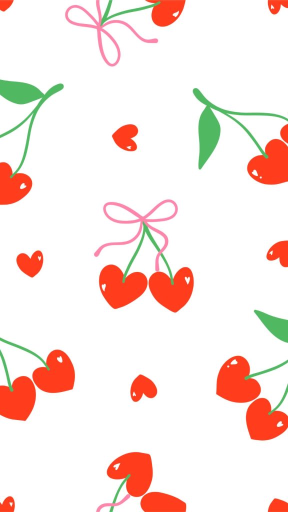 Heart shaped cherries with pink bows on white background aesthetic cherry wallpapers