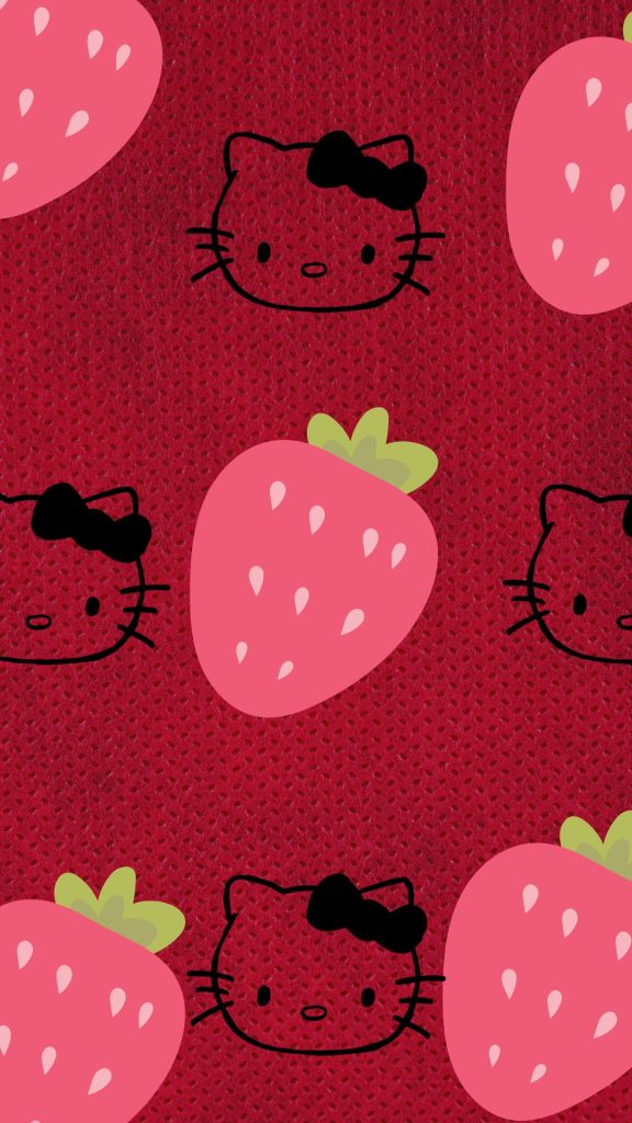 Hello kitty face with baby pink strawberries and Dark pink background hello kitty strawberry wallpaper