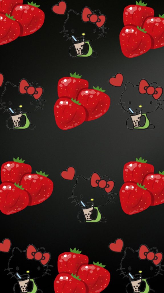 Hello kitty on black background with rd strawberries hello kitty strawberry wallpaper