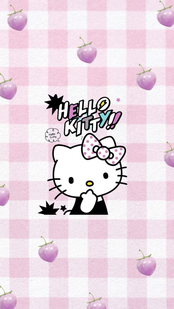 Hello kitty with purple strawberries on purple check background hello kitty strawberry wallpaper