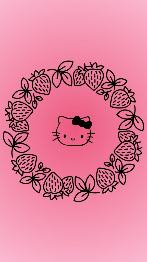 Hello kitty with strawberry and leaves circle on pink background hello kitty strawberry wallpaper