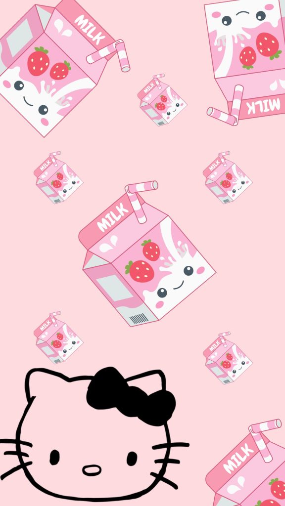 Hello kitty with strawberry milk packs on pink background hello kitty strawberry wallpaper