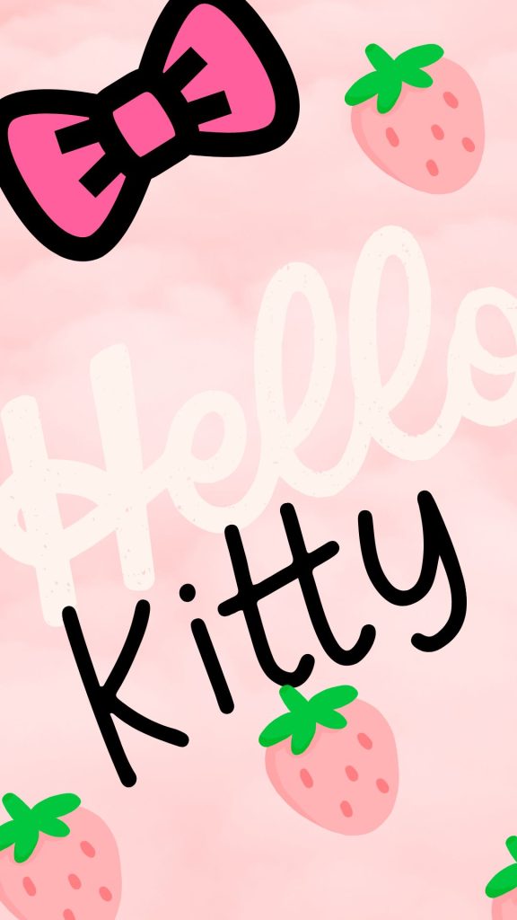 Hello kitty written with bow and strawberries on pink background hello kitty strawberry wallpaper