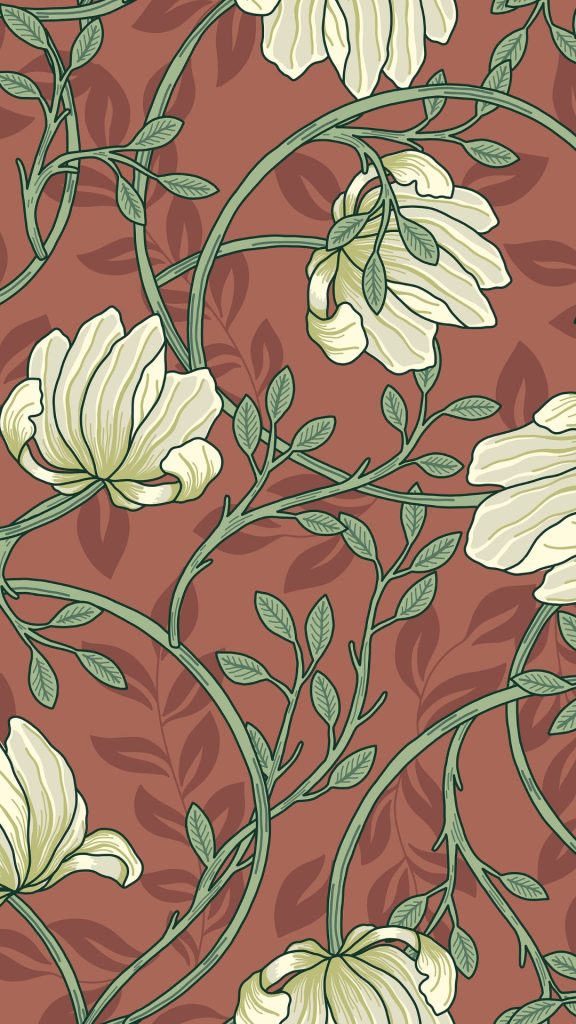Ivory flowers with light green branches on baby peach background William Morris Strawberry Thief Wallpapers