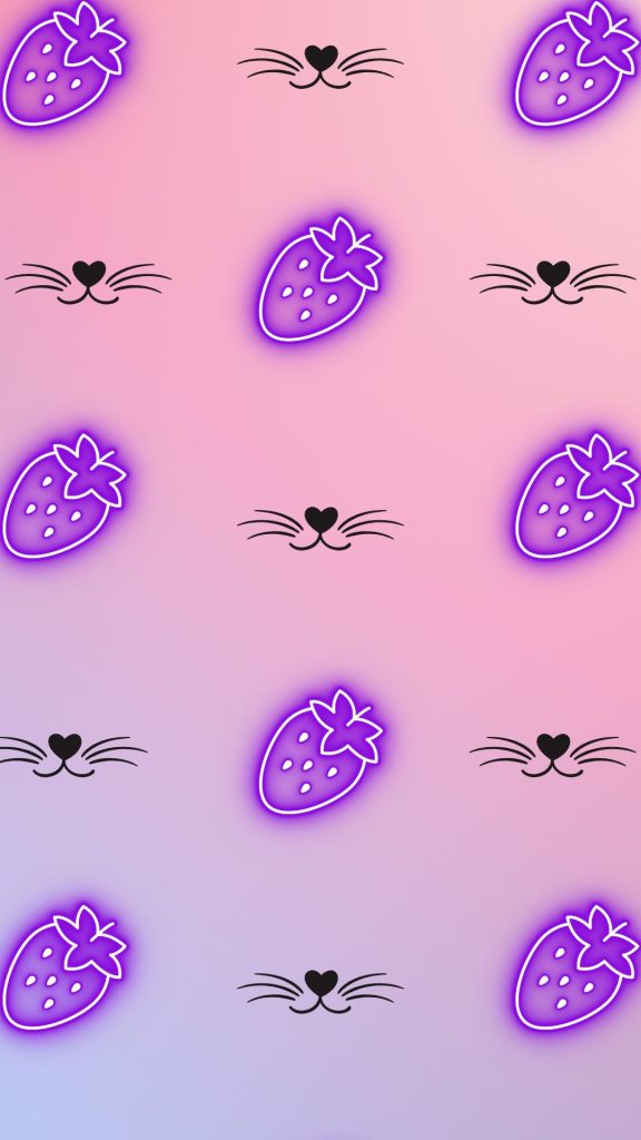 Kitty faces with neon purple strawberries and light blue & pink background hello kitty strawberry wallpaper