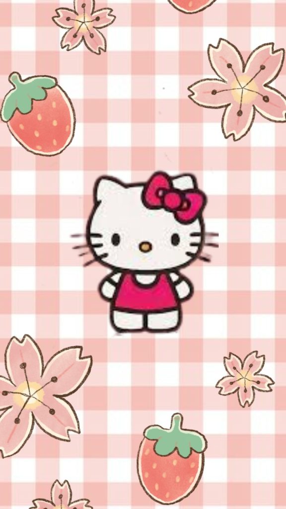 Kitty with pink strawberries & Pink sakura flowers on check background hello kitty strawberry wallpaper
