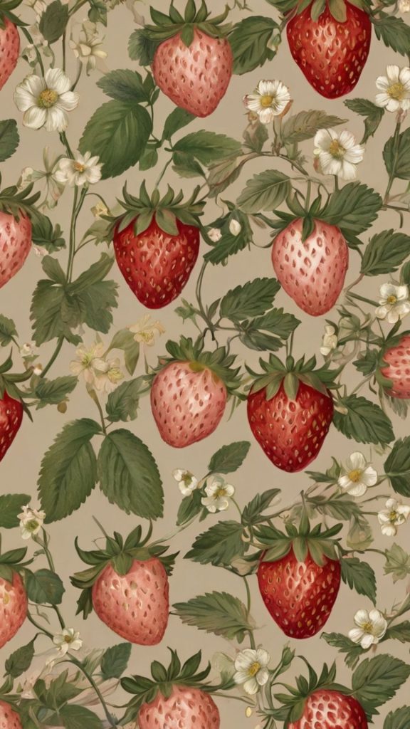 Light pink and light red strawberries with flowers and leaves on teal pink background vintage strawberry wallpaper