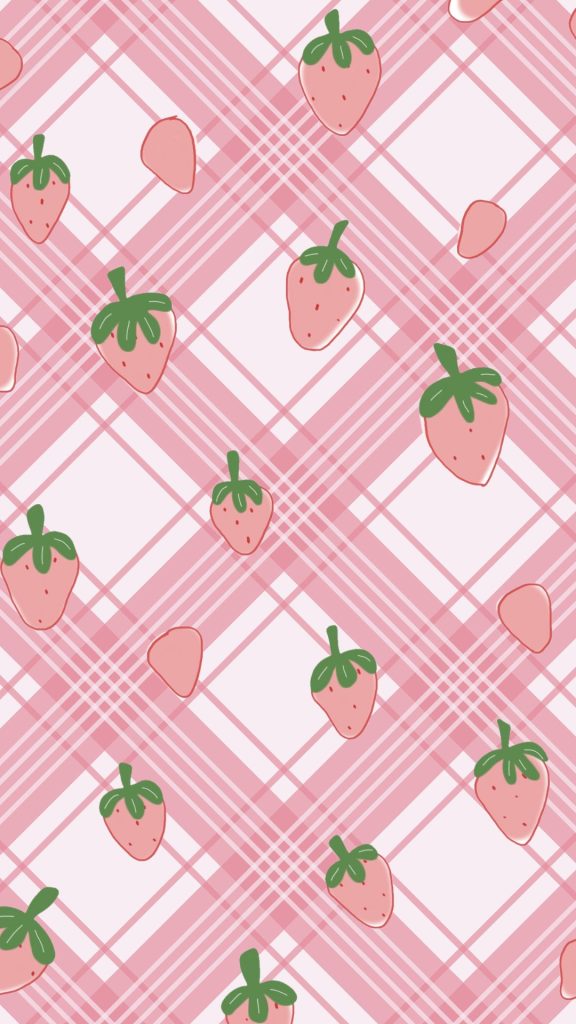 Light pink strawberries on check background pastel pink strawberry wallpaper