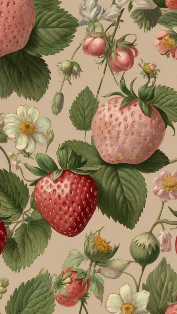 Light red and pink strawberries with big green leaves and flowers vintage strawberry wallpaper