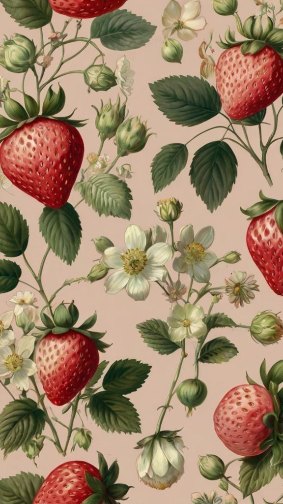 Light red strawberries with flowers and green leaves on baby pink background vintage strawberry wallpaper