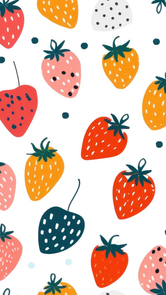 Multi coloured strawberries with white plain background pastel pink strawberry wallpaper