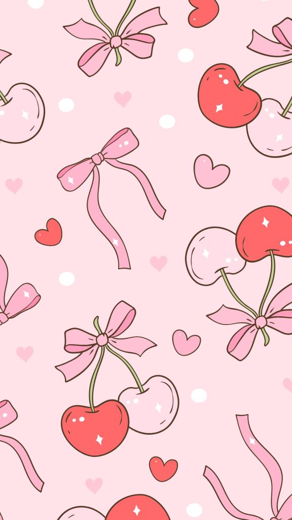 Pink and red cherries with baby pink bows and baby pink background aesthetic cherry wallpapers
