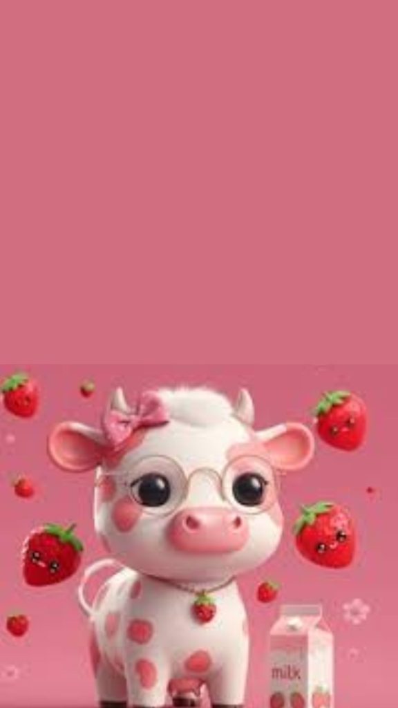 Pink baby cow with strawberries and strawberry milk pack with pink background kawaii strawberry cow wallpaper
