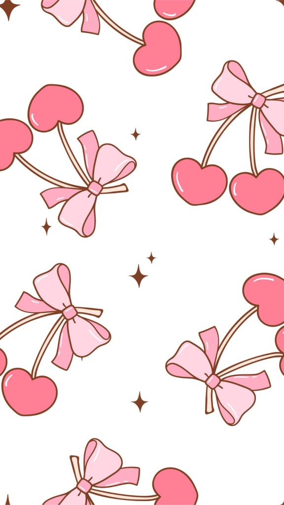 Pink heart shaped cherry pairs with bows and hearts aesthetic cherry wallpapers