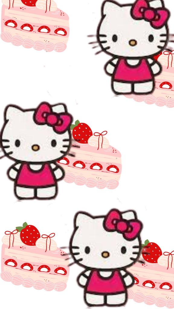 Pink hello kitty with strawberry cake pieces on white background hello kitty strawberry wallpaper