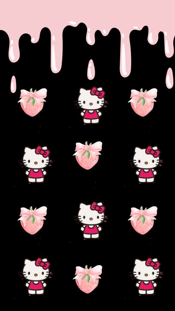Pink ribbon strawberries with hello kitties and drizzling pink sauce on black background hello kitty strawberry wallpaper