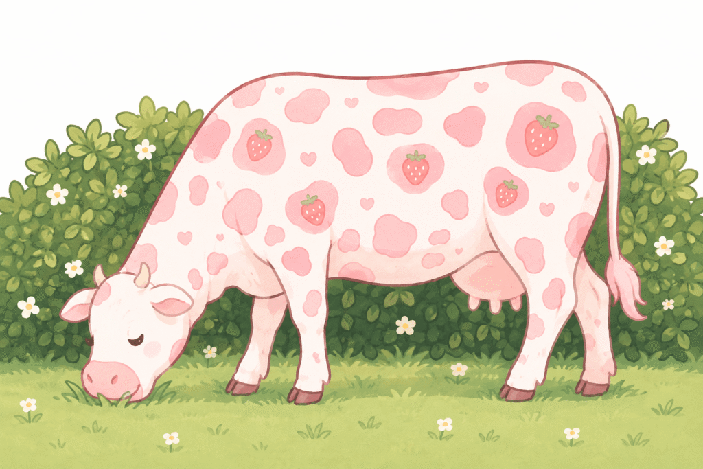 Pink spotted cow in pastel meadow