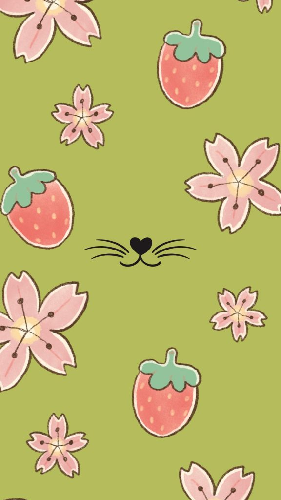 Pink strawberries and pink flowers with pastel green background hello kitty strawberry wallpaper