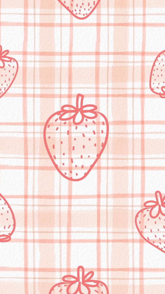 Pink strawberries on check pink background pastel pink strawberry wallpaper