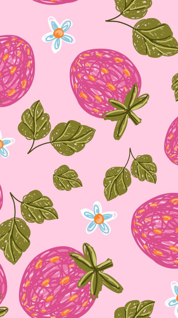 Pink strawberries with leaves and flowers on pink background pastel pink strawberry wallpaper