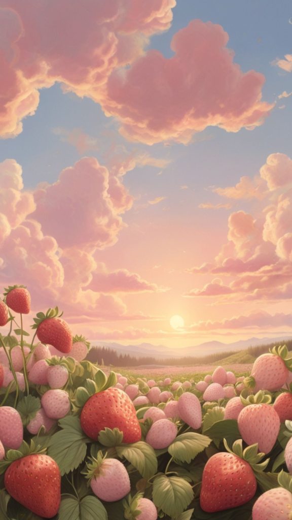 Pink strawberry field with blue cloudy sky pastel pink strawberry wallpaper