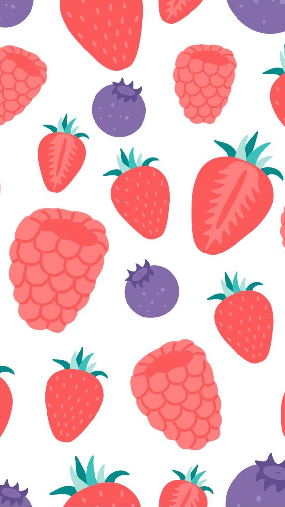 Plain peach strawberries with blueberries and white background pastel pink strawberry wallpaper