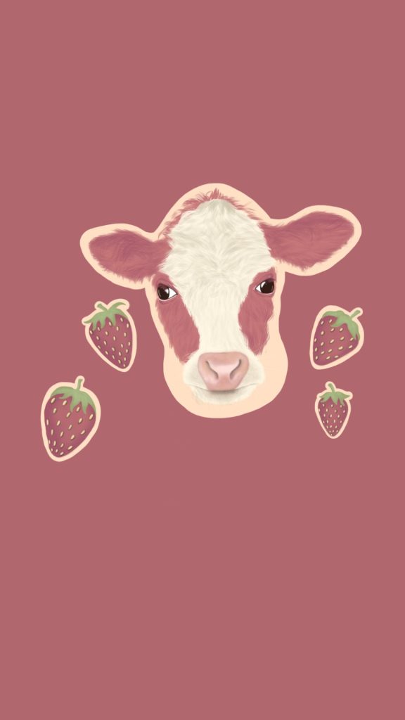Purple and light pink cow with purple strawberries and purple background kawaii strawberry cow wallpaper