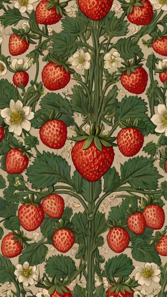 Red aesthetic strawberries with ivory flowers and beige background William Morris Strawberry Thief Wallpapers