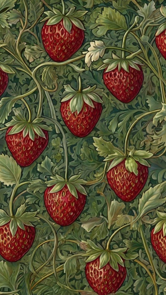 Red aesthetic strawberries with leaves William Morris Strawberry Thief Wallpapers