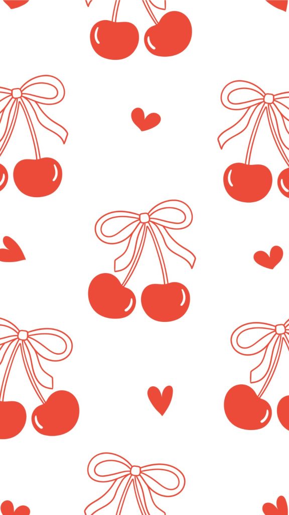 Red cherry pairs with red bow on white background aesthetic cherry wallpapers